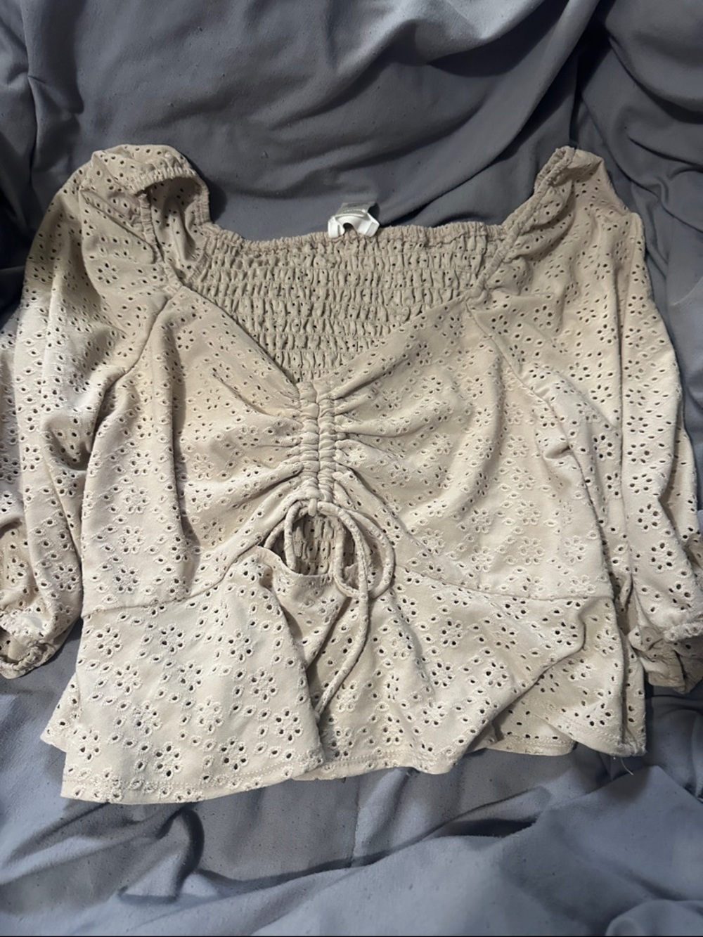Lovers + Friends Beige Eyelet Ruched Peasant Top